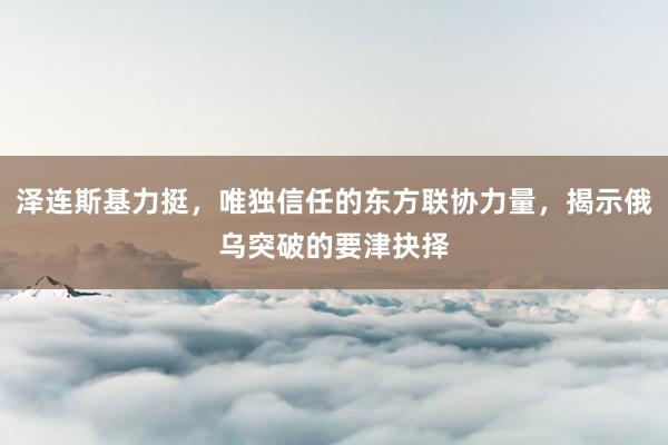 泽连斯基力挺，唯独信任的东方联协力量，揭示俄乌突破的要津抉择